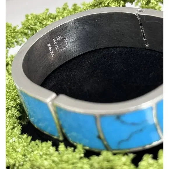 Vintage Taxco Turquoise Inlay Sterling Silver Chunky Clamper Bracelet - Picture 7 of 7